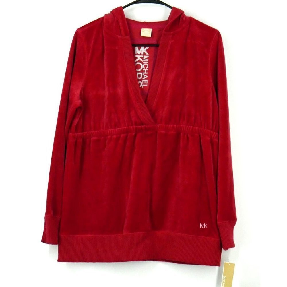 NWT Michael Kors Velour Hooded‎ Sweatshirt Red Medium